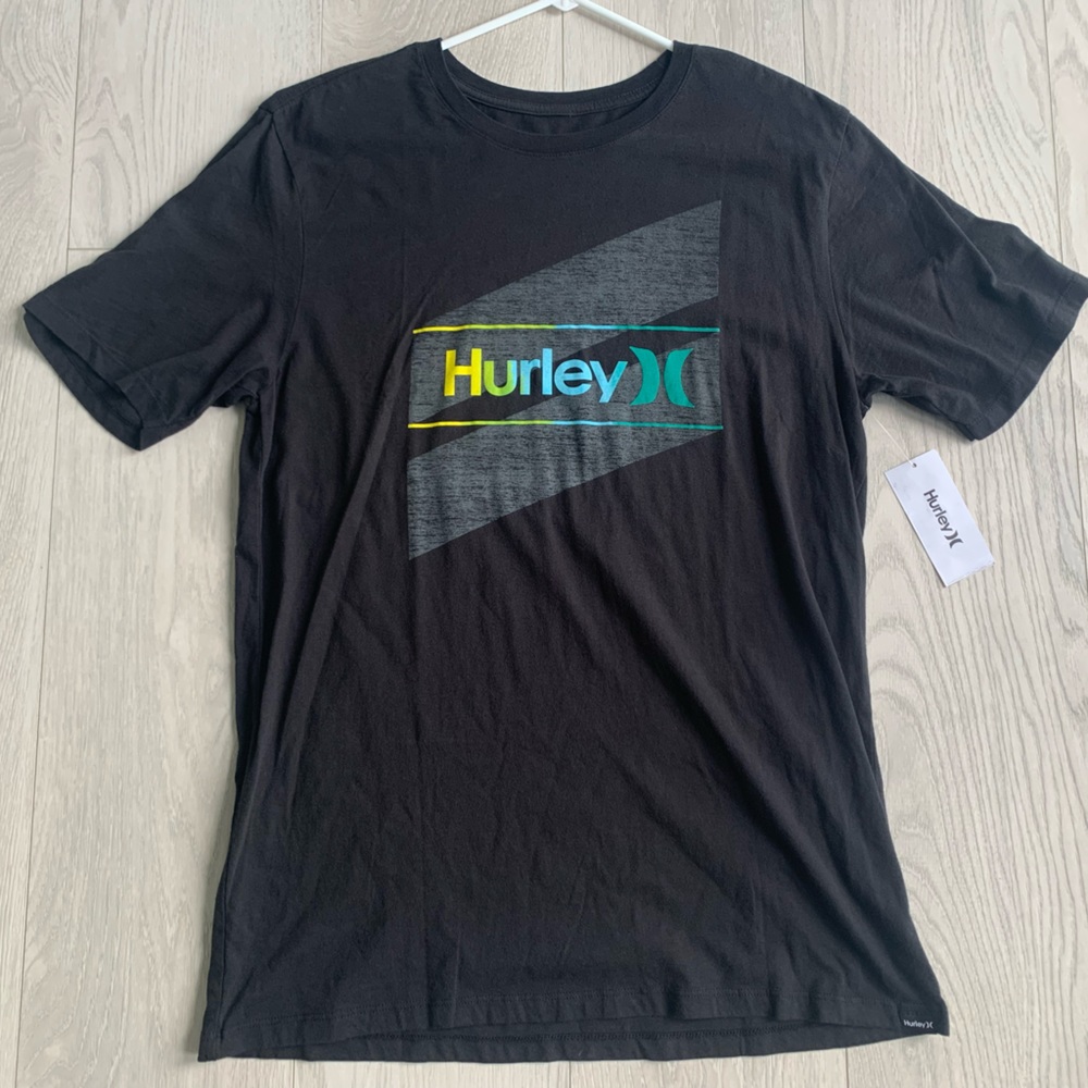 HURLEY SURF CO BLACK LARGE HAWAIIAN TROPICAL FLORAL LOGO TSHIRT MENS L NEW NWT